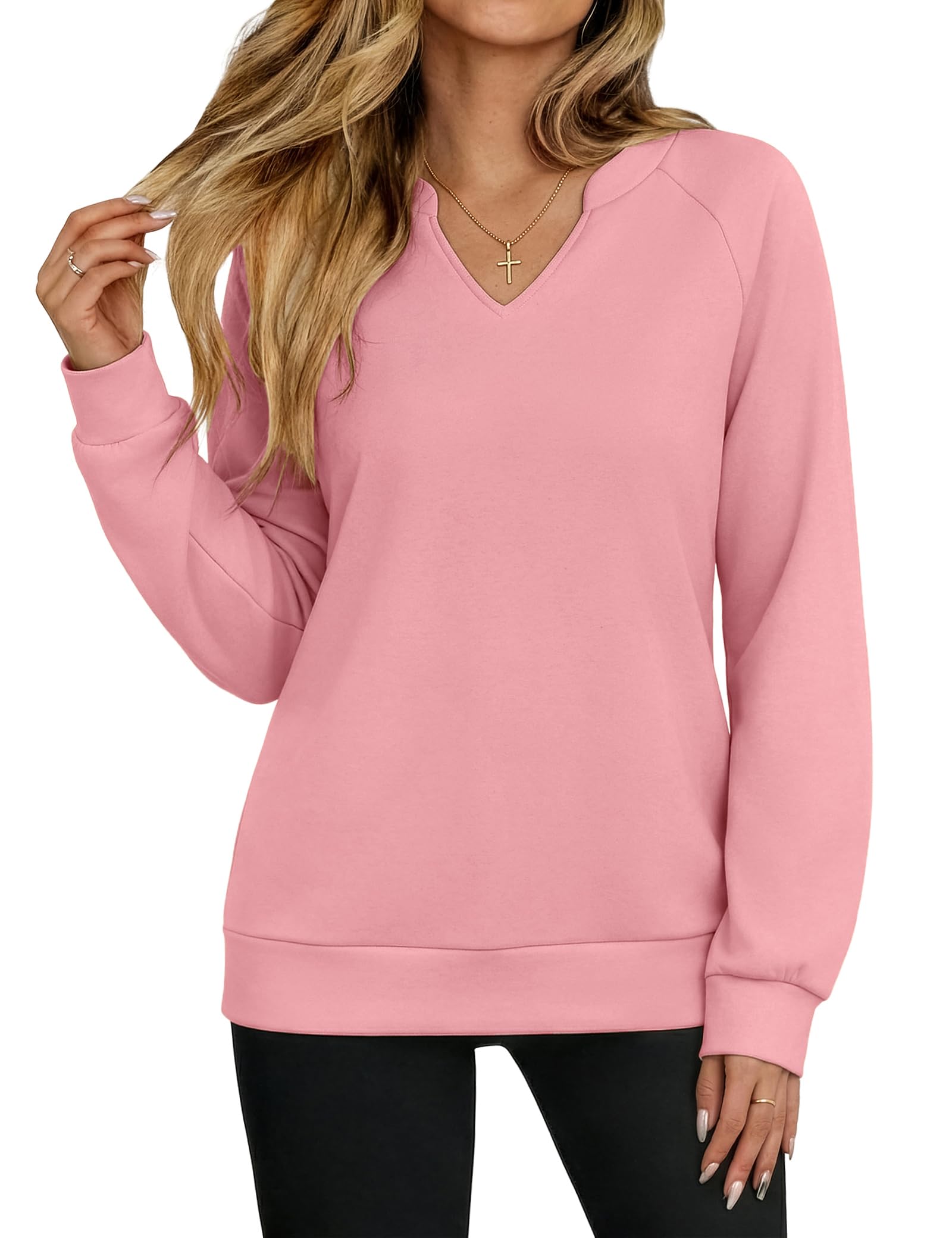 Aottori Sweatshirt Damen Langarm Pullover V-Ausschnitt Elegant Baumwoll Oberteil Casual Sexy Locker Langarmshirt Basic Herbst Winter Pulli Top Einfarbig