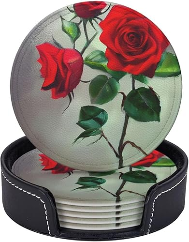 Miniatura 5 de Red Rose Picture Leather Coasters for Drinks Set of 6 for Tabletop Protection, Elegant Home Decor & Housewarming Gift