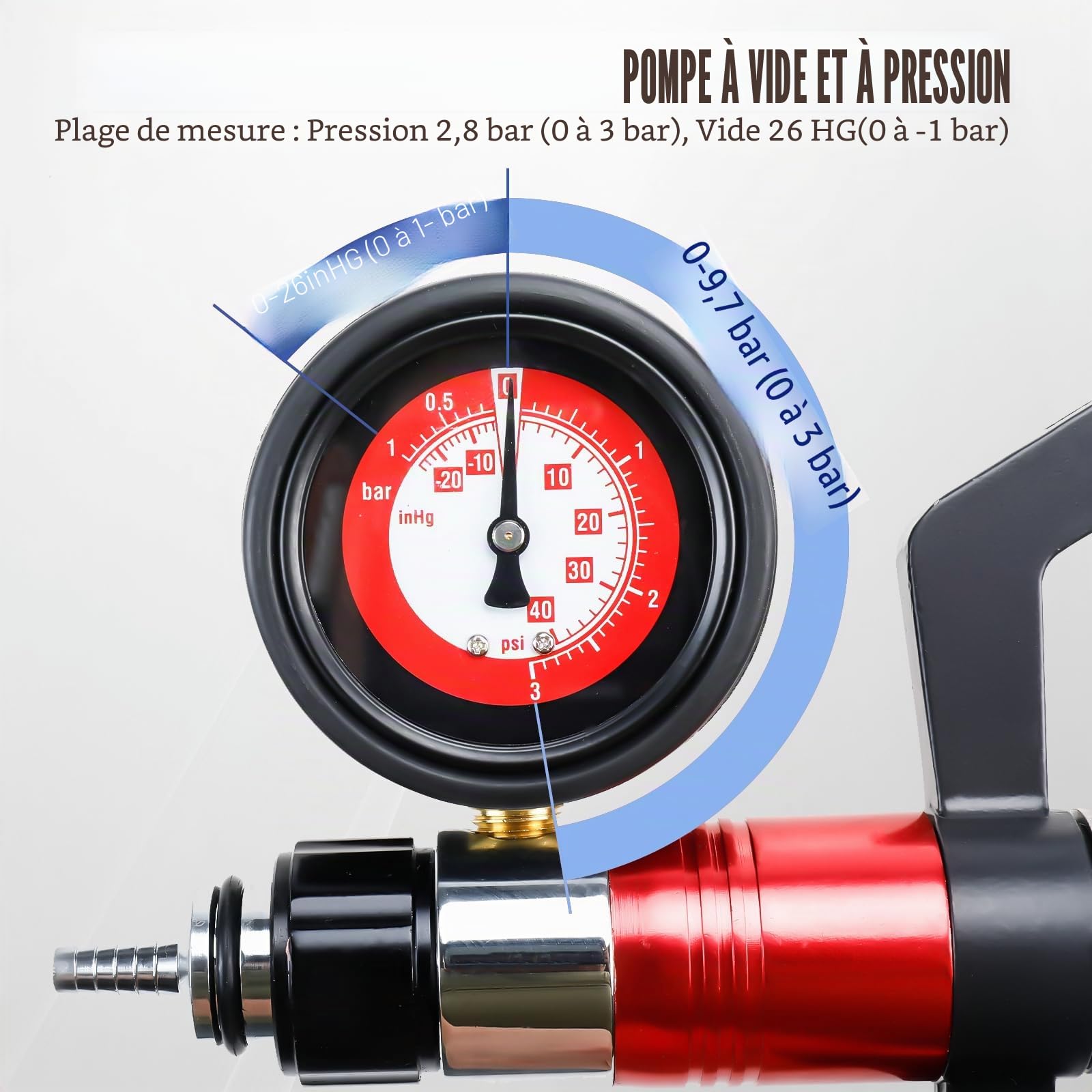 Kit de purge de frein sous vide BOOMSTART, pompe à vide manuelle de 40PSI 26HG avec jauge, kit de purge de frein sous vide manuel pour une personne, pompe de purge de frein sous vide pour moto