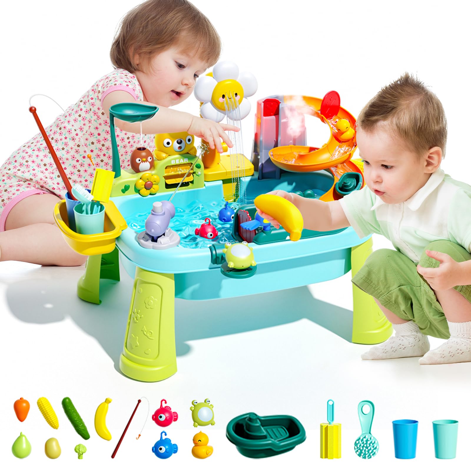 JEFLYM 2026 Upgraded Toddler Sand Water Table Toy with Electric Water Pump, Kids Sand Water with Faucet/Play Food Accessories/Fishing Toy, Kitchen
