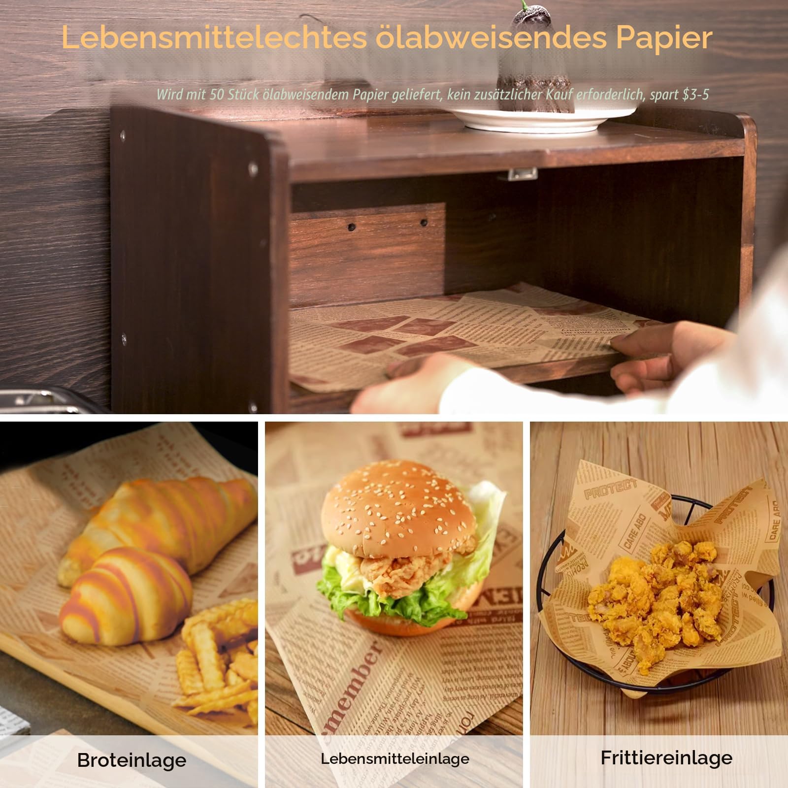 Kiefernholz Brotkasten Groß mit 50 Deli-Papier, Holz Brotkästen mit Belüftung, Brotdose für Brot & Obst, Ästhetische Aufbewahrungsbox für Küche, 36 x 24 x 34 cm, 3.5 kg