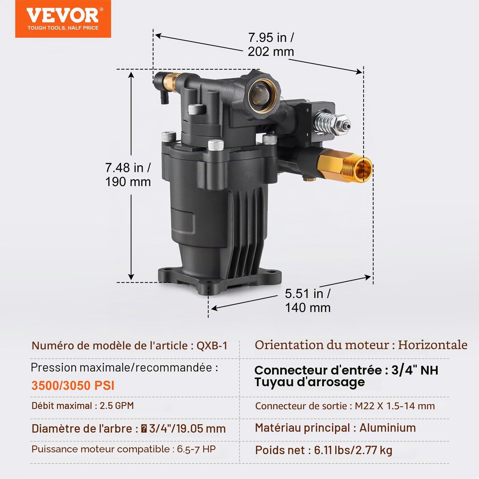VEVOR Pompe de nettoyeur haute pression, arbre horizontal de 19,05 mm, 3500 PSI, 2,5 GPM, kit de pompe de remplacement avec 5 buses, quincaillerie, tube siphon, pour Simpson, Honda, Troy-Bilt, Generac
