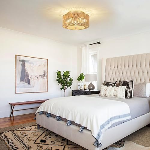 Miniatura 7 de PAUFUL Lámpara bohemia para techo, lámpara de techo de ratán de 3 luces, lámpara de techo empotrada con pantalla tejida a mano, lámpara moderna para