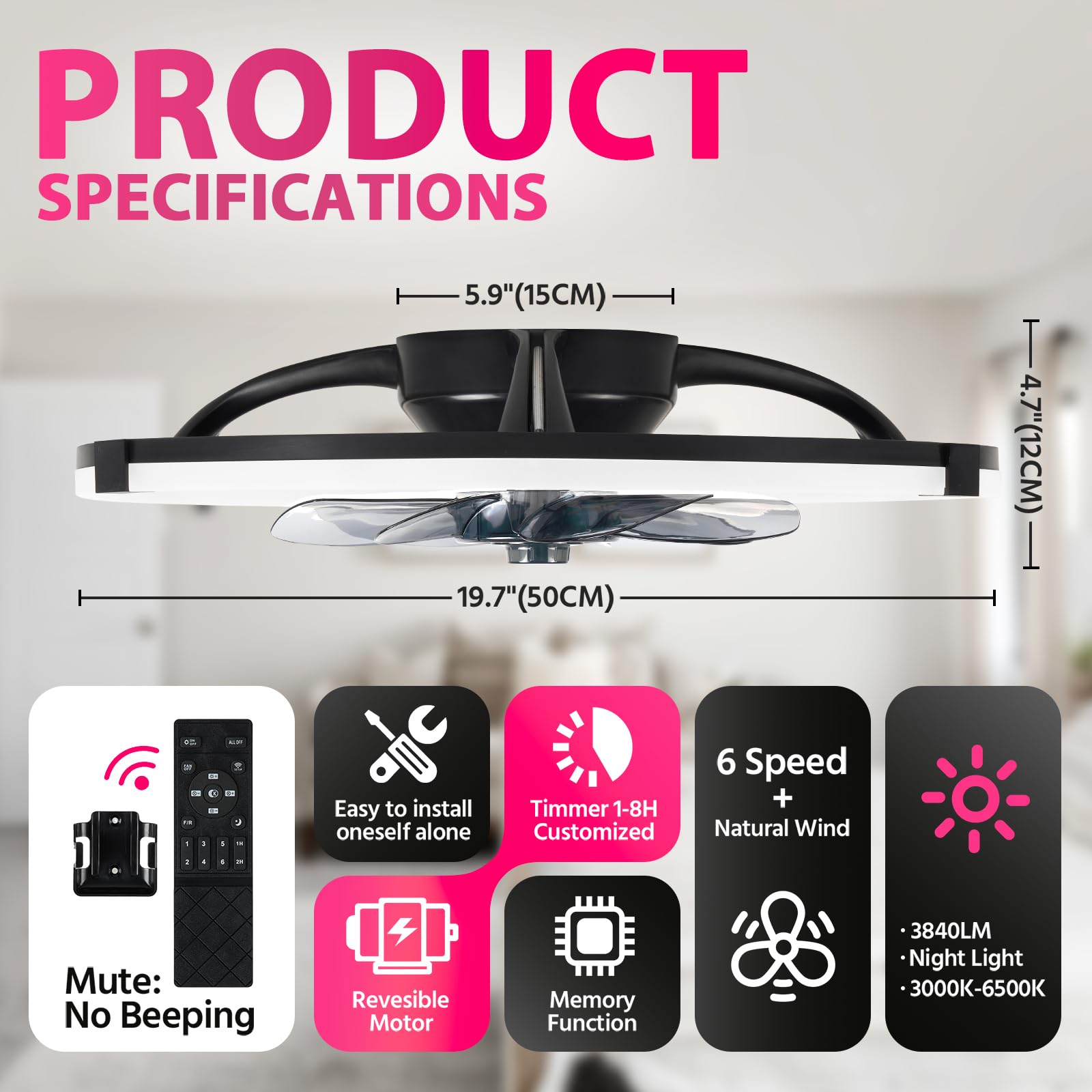 Low Profile Ceiling Fan with Light for Bedroom, Flush Mount Ceiling Fans with Lights and Remote, 19.7'' Modern LED Ceiling Fan, 3000K–6000K Dimmable, 6 Speeds - 3