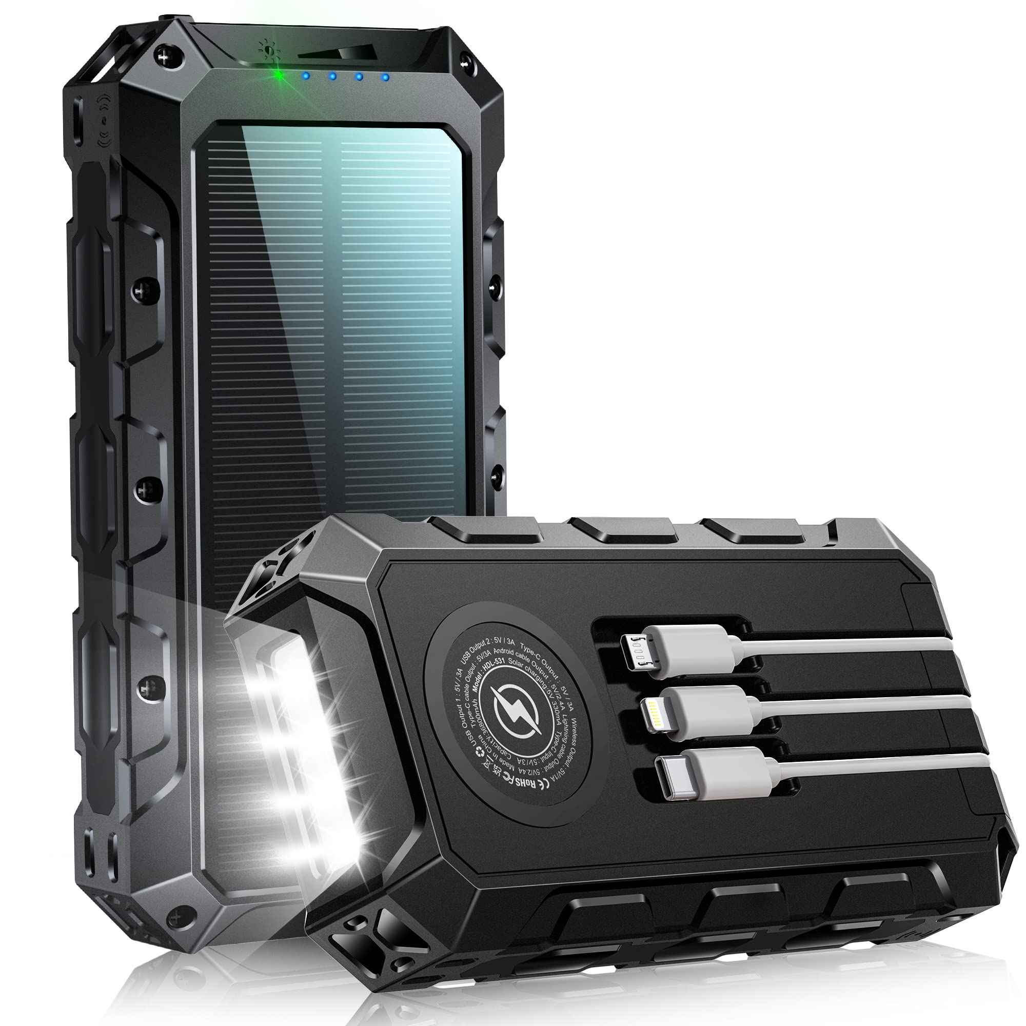 Power Bank, 49963 mAh, batterie solaire sans fil, chargeur rapide portable avec câble intégré, 7 sorties/2 entrées, avec lampe de poche/affichage LED pour smartphone