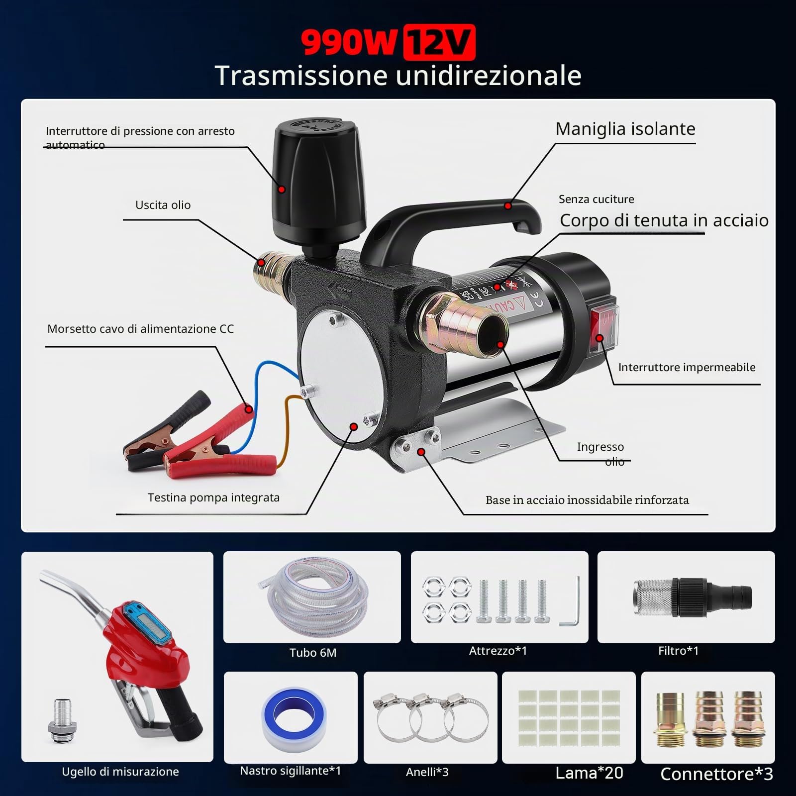 KAOLALI Diesel Pompa di Trasferimento 12V 990W, Pompa di Trasferimento del Carburante con Ugello di Spegnimento Automatico e Tubi, Kit Pompa Carburante Elettrica Autoadescante