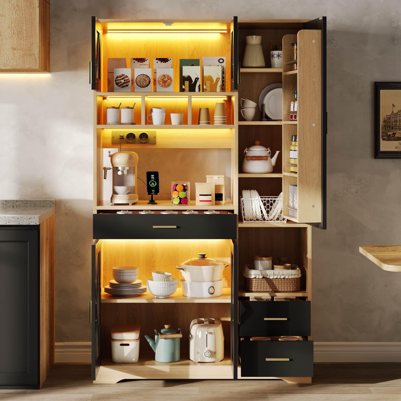 KOMHTOM Buffet de Cuisine Haut 105 cm Style Ferme, Vaisselier avec Prises, LED et Rangement pour Épices, 3 Tiroirs et Portes en Verre, Noir/Bois(2-Style Ferme & Épices (105cm) - Noir/Bois)