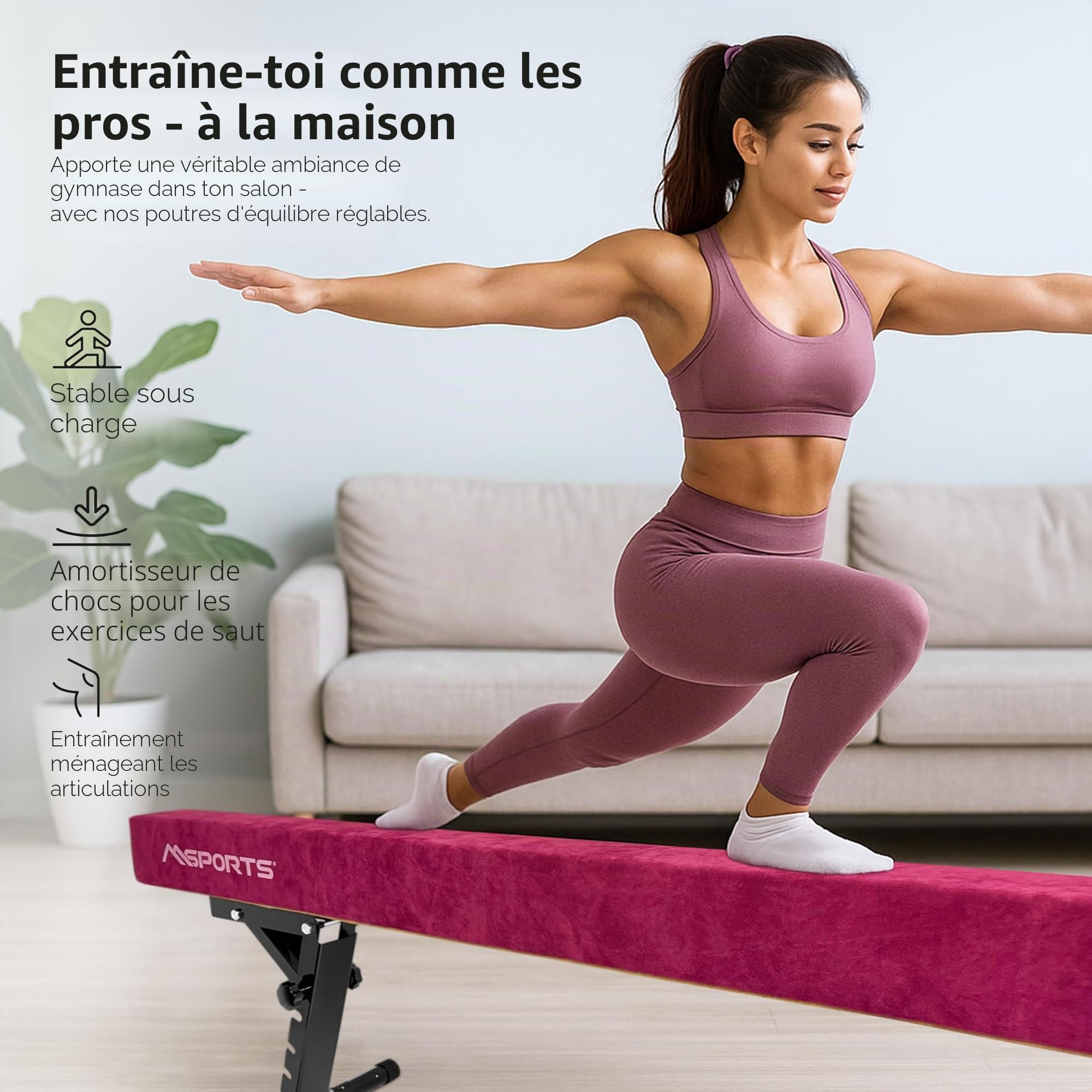 MSPORTS Poutre d'équilibre de qualité supérieure réglable en hauteur - 245 cm - Pour enfants et adultes - 5 niveaux de hauteur (18 à 56 cm) - Pour la maison ou le club - 5 couleurs