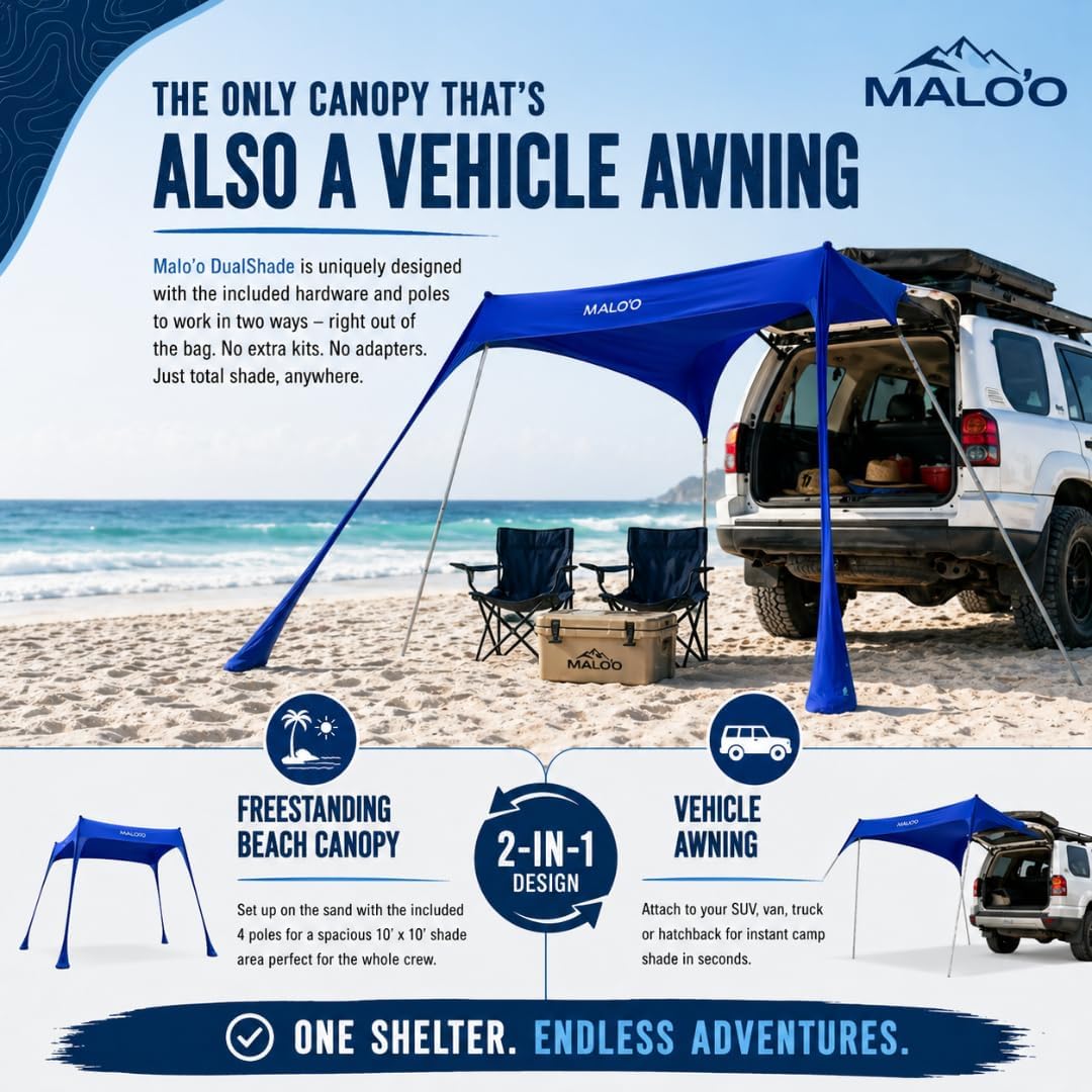 Malo'o DualShade 10x10 Beach Canopy & Vehicle Awning – Exclusive 2-in-1 Sun Shelter, SPF 50 Shade Tent, Car Camping Awning, Carry Bag Included image 3