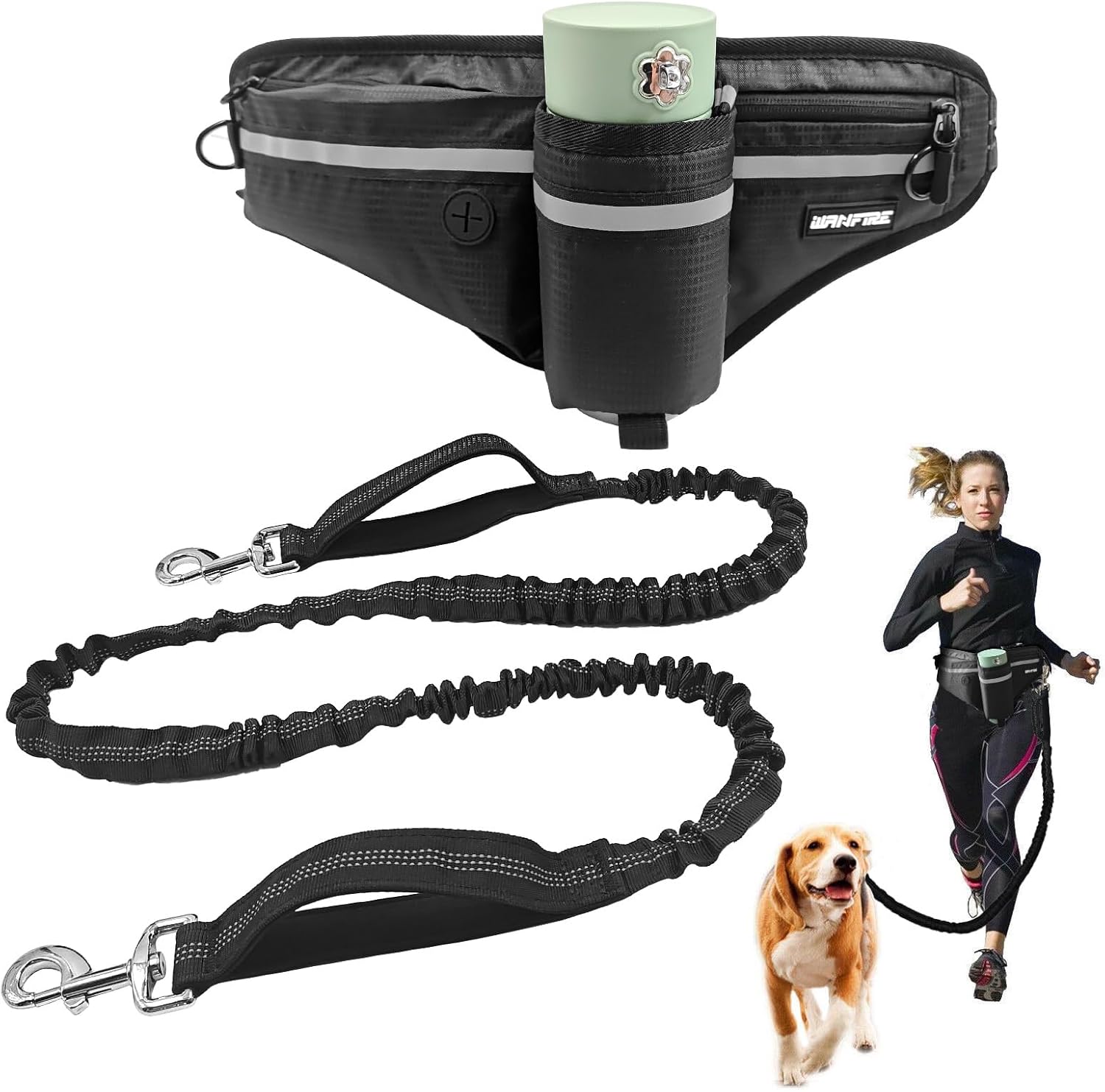 WANFIRE Hands Free Dog Lead,Waist Lead for Dog Walking, Adjustable Dog Belt with Thickened Double Handle, Running Hiking Travel & Trainning Reflective Bungee Design for Large & Medium Dogs.