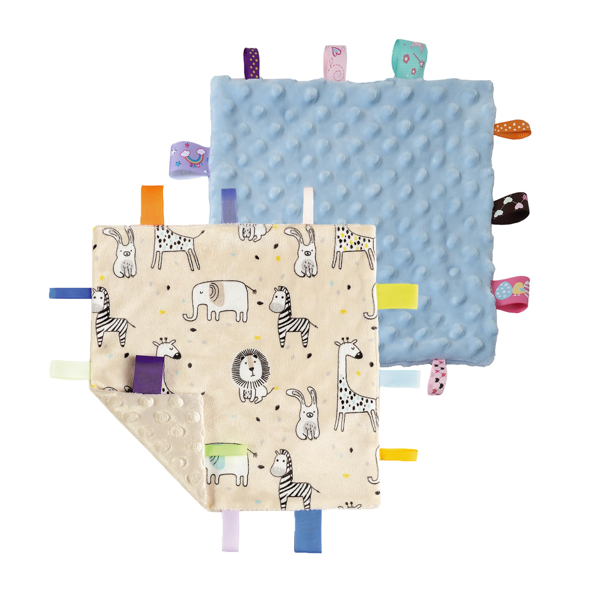 CREVENT Tag Security Blankets for Babies, Soft Small Loveys for Boys, Baby Comforter Sensory Blanket, Great Gifts for Birthday Baby Shower (10"X10" Zoo + Blue)