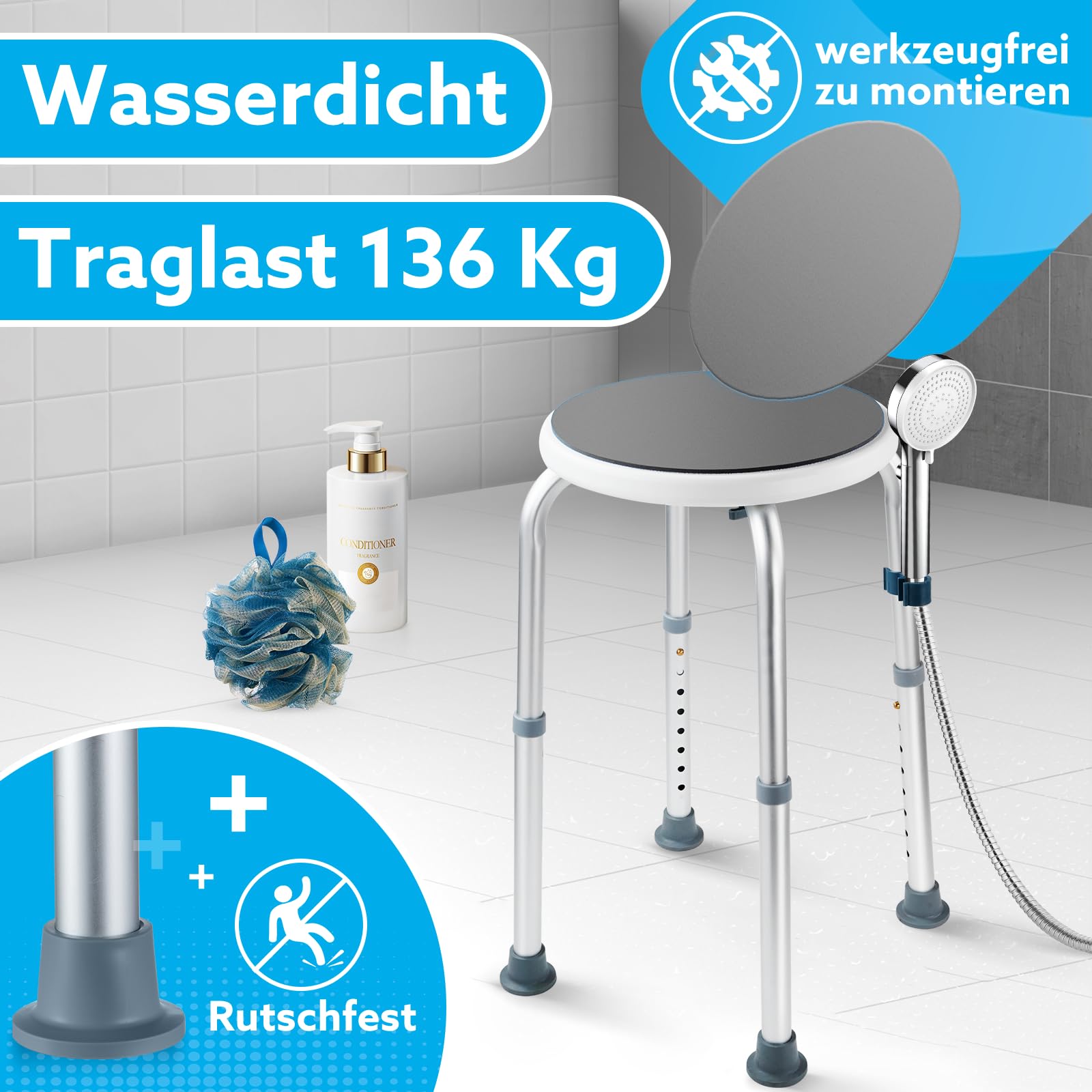 Duschhocker Höhenverstellbar 37-57cm, Duschstuhl 8 Stufen, Duschhocker für Senioren Belastbar bis 136kg, Badhocker mit Rutschfesten Gummifüßen für ältere Menschen, Senioren, Grau