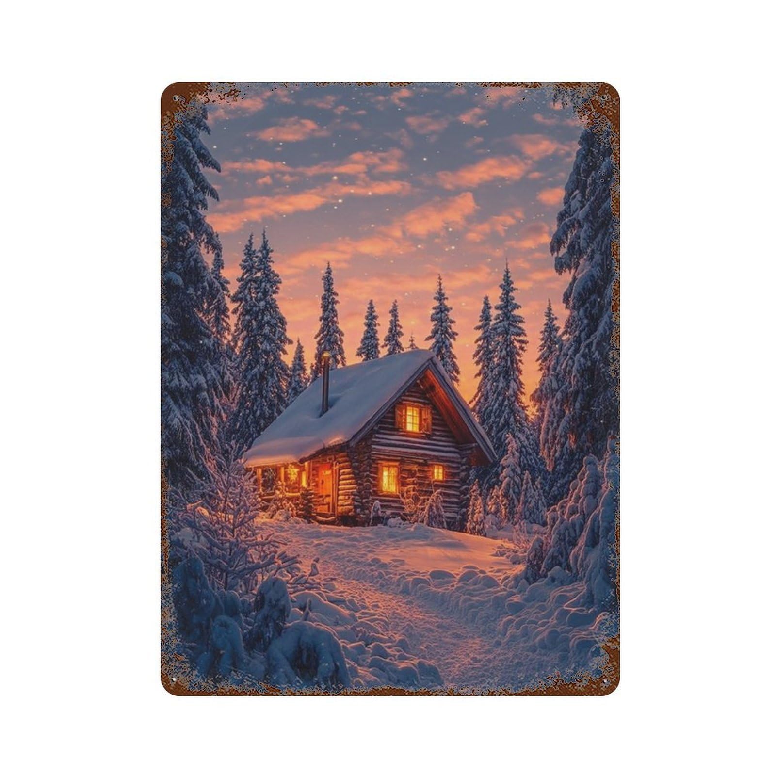 Garage Style Winter Cabin in Snowy Forest Distressed Metal Wall Sign 15.7"x11.8", Retro Wall Decor for Bar And Workshop