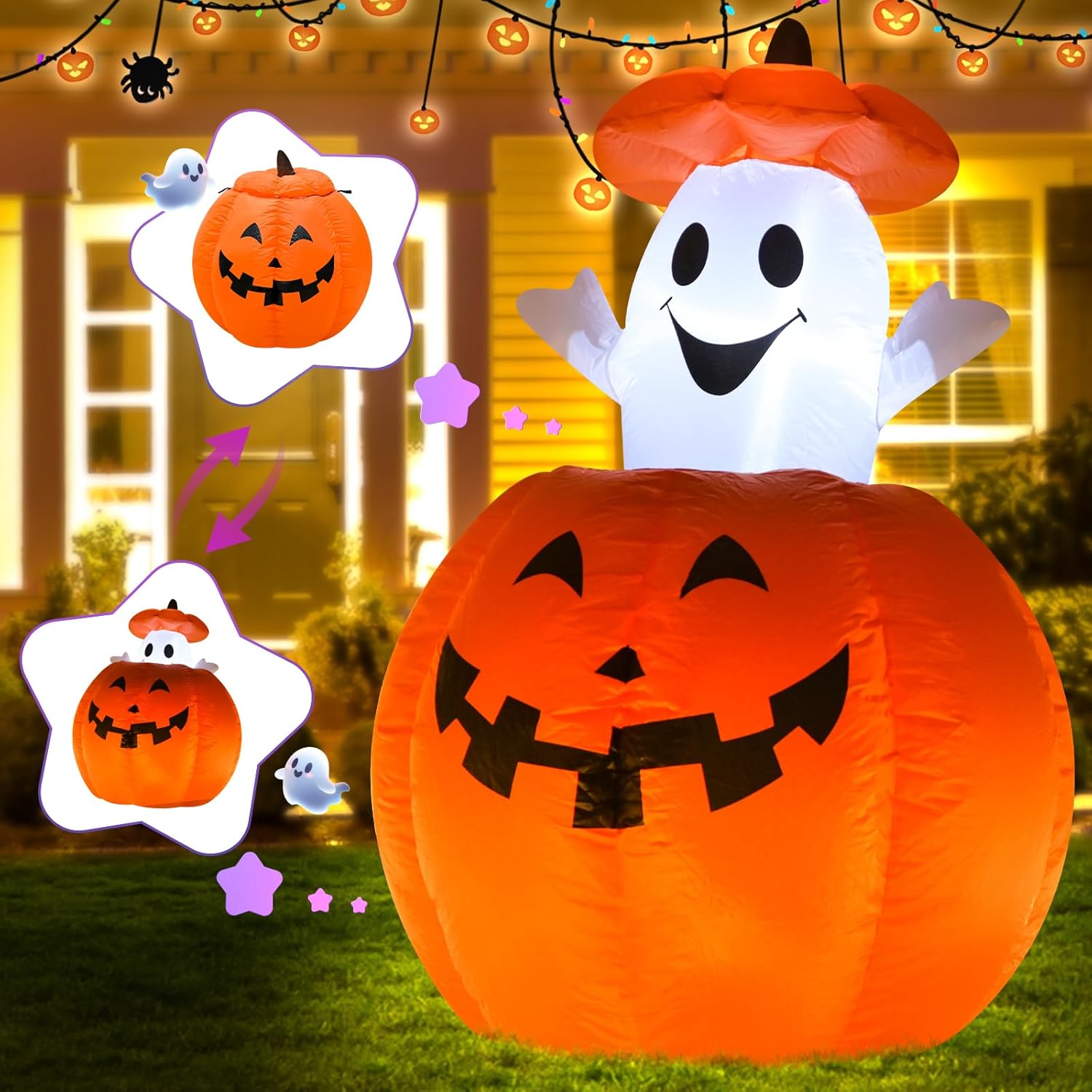 4FT Ghost Pumpkin Halloween Inflatable Decoration Halloween Blow Up Decor with LED Lights Indoor Outdoor Yard Graden Party Holiday Decoration