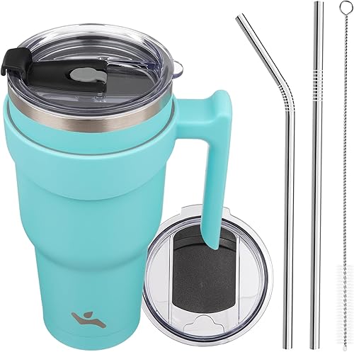 Miniatura 79 de Vaso de 30 onzas con asa y 2 pajitas, 2 tapas, botella de agua aislada de acero inoxidable con vacío, taza de viaje reutilizable, color lavanda