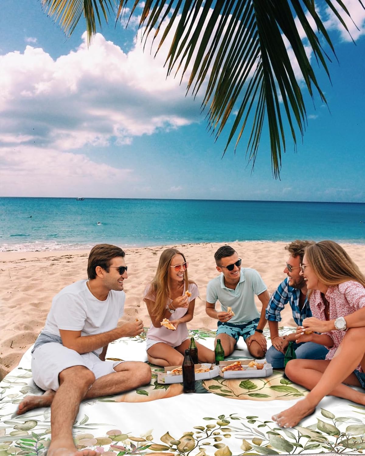 Fall Harvest Pumpkin with Leaves Beach Blanket Extra Large 118x108in Outdoor Waterproof Sandproof Picnic Blankets with Stakes Lightweight Beach Mat for Camping Travel,Eucalyptus Leaf Plant on White