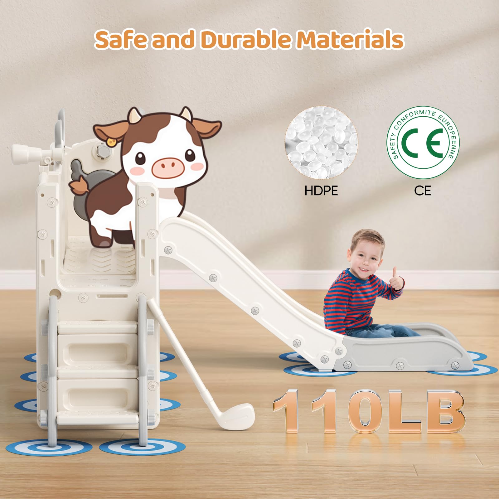 Kinderrutsche 7 in 1 extralange Rutschbahn freistehend mit Basketballkorb Kleinkindklettergerüst Montessori Spielset Beige Grau