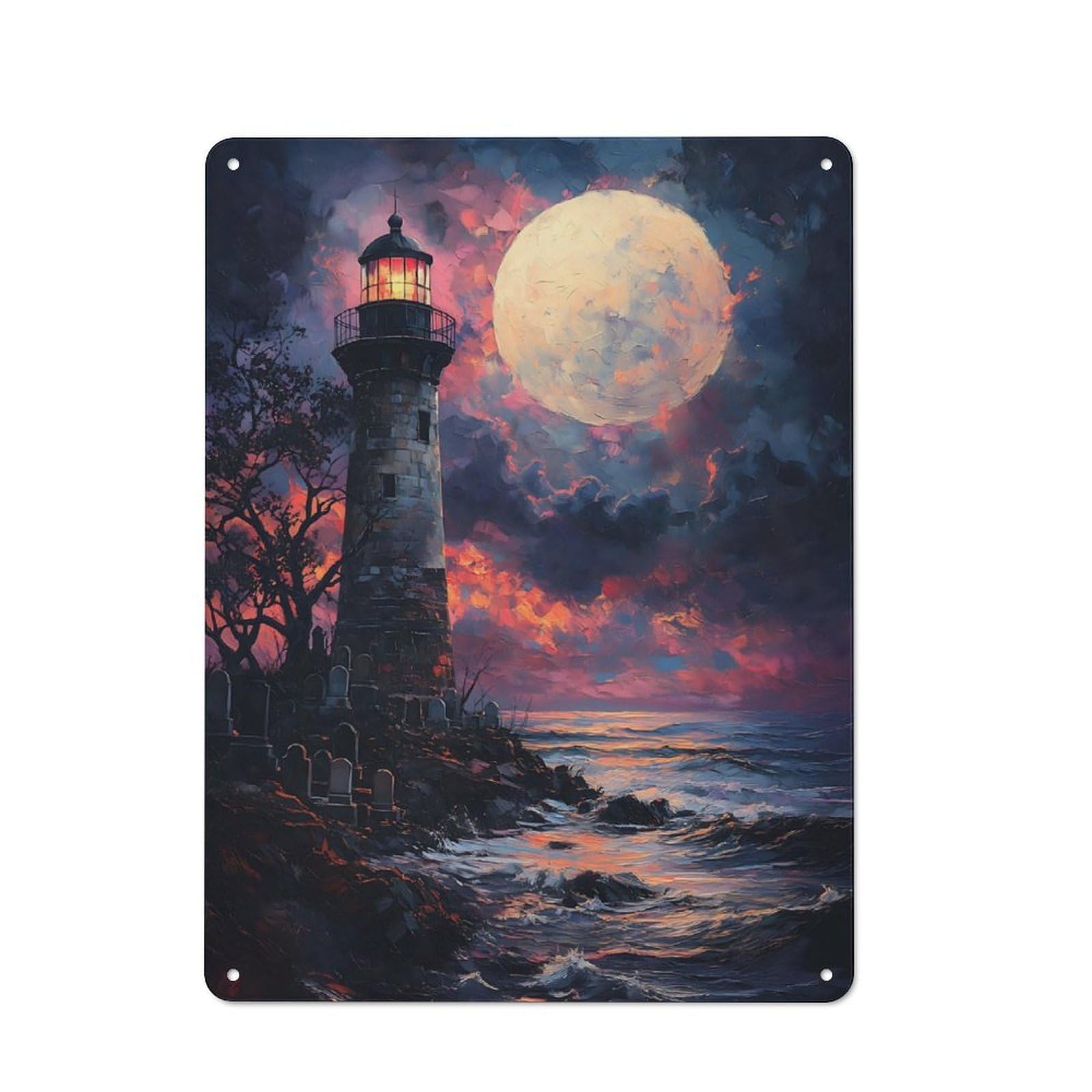 Junmoney Sunset Ocean Lighthouse For Lounge Or Reading Corner, Rustic Tin Sign 40X30cm, For Home Interiors, Feature Walls And Decorative Displays