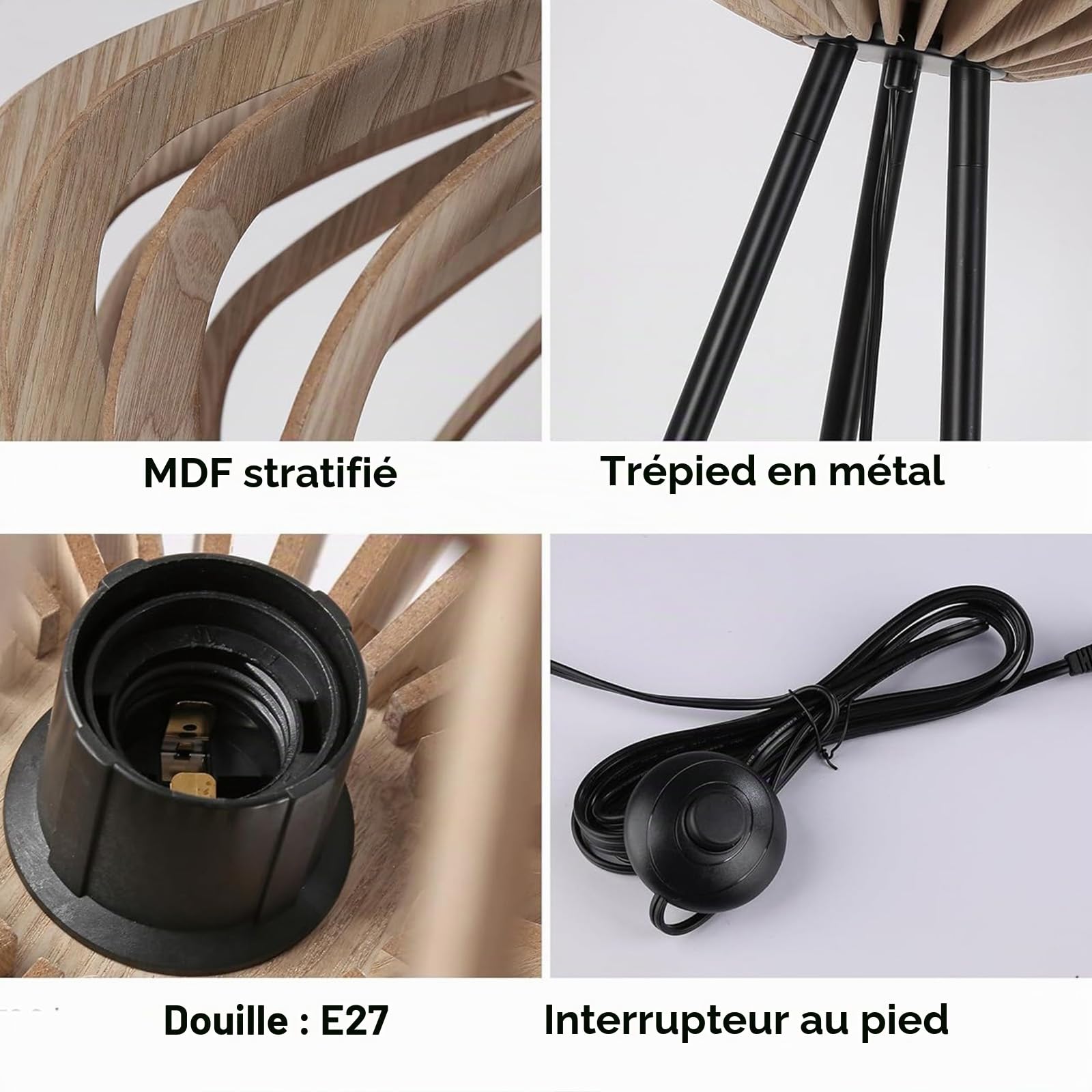 Alpinaluz Lampadaire Trépied Noir – Abat-Jour en Bois Laminé Ø48 cm, Hauteur 152 cm, Douille E27, Câble 3,8 m avec Interrupteur au Pied pour Salon ou Chambre