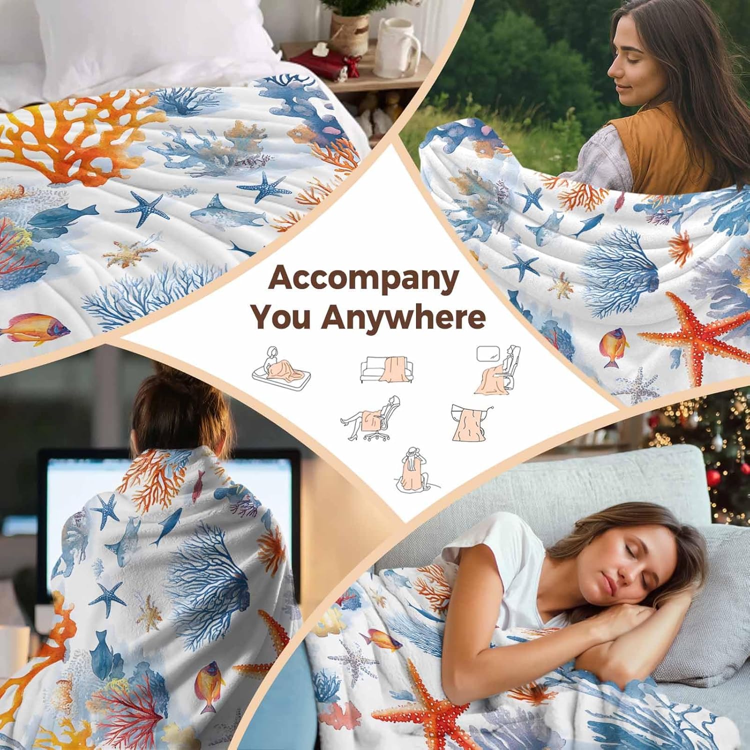 Ocean Starfish Blue Coral Flannel Fleece Throw Blanket, Watercolor Underwater World TV Blanket Lightweight Warm Soft Plush Blankets for Counch Sofa Bed Living Room All Season Use, 40x50in