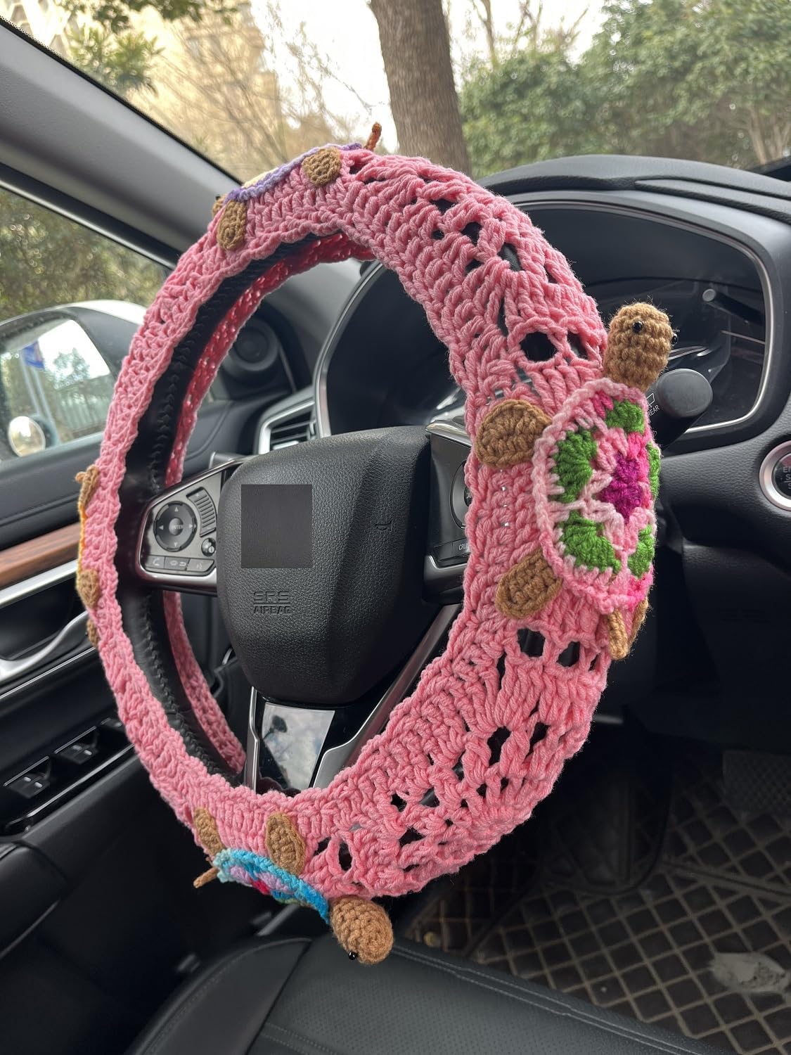 Handmade Crochet 3D Sea Turtle Car Steering Wheel Covers Universal 14-15 inch for Women and Men (Pink Wheel Cover+2 Belt Cover)