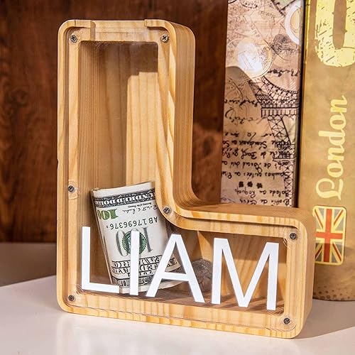 Miniatura 3 de Alcancía personalizada con texto multicolor grabado, caja de dinero personalizada de madera con inicial para niños y niñas, regalo de Navidad,