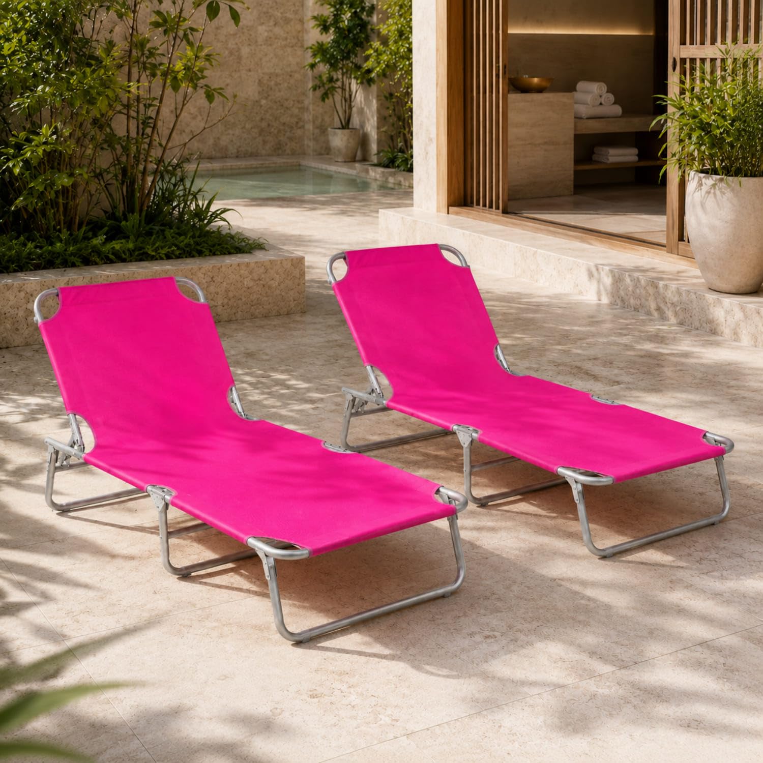 Set Di Lettini Pieghevoli Prendisole Senza Tettuccio Parasole Schienale Reclinabile Regolabile Struttura In Metallo Per Spiaggia Mare Giardino Piscina Rosa