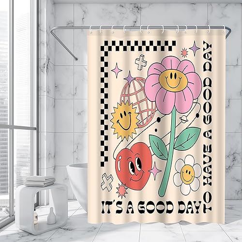 Miniatura 6 de Aperturee Cortina de ducha de 72 x 72 pulgadas con diseño de flores, diseño de margaritas, corazón, bohemio, retro, hippie, Funky de los años 70 y