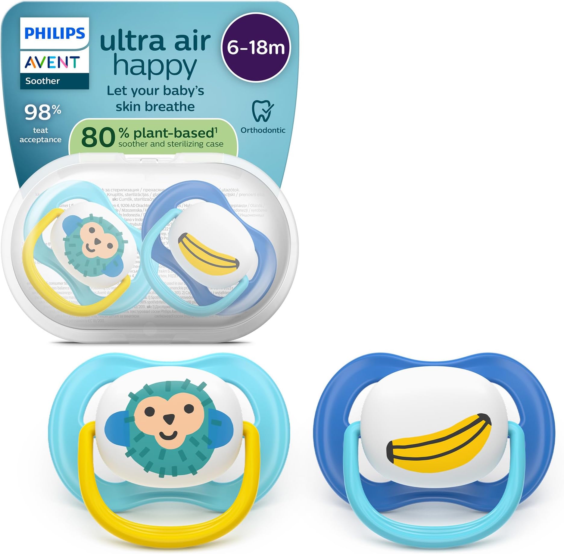 Philips Avent Ultra Air Soothers - Orthodontic Design, for Babies 6-18 Months, Soft Silicone Symmetrical Teat, BPA-Free, with Sterilizing Case, 2 Pack, SCF080/26