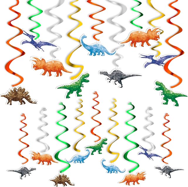 WERNNSAI Watercolour Dinosaur Hanging Swirl - 24PCS Dinosaur Party Decorations for Boys Kids Dino Theme Birthday Party Supplies Jurassic World Hanging Spiral Garlands Ceiling Decor