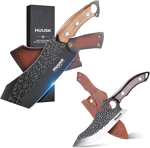 Huusk Juego de cuchillos coleccionables de carnicero y cuchillo de carnicero con funda para cinturón y caja de regalo