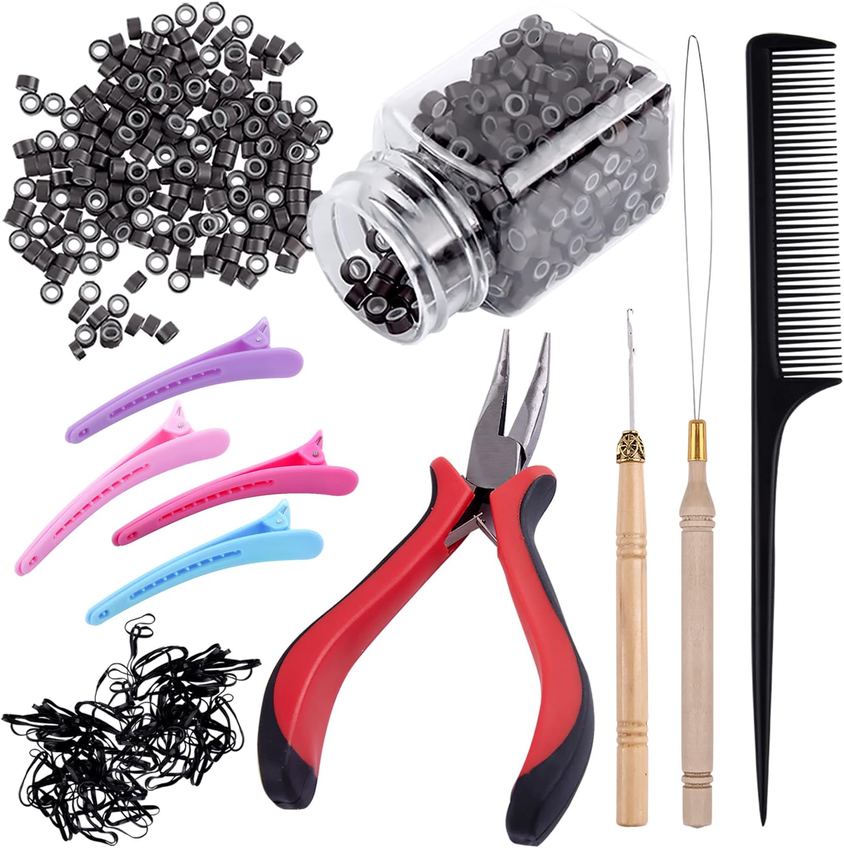 Duufin Hair Extensions Tools Kit 500 Pcs Dark Brown Micro Ring Beads 1 Micro Beads Plier 2 Hook Needle Pulling Loop 4 Plastic Alligator Hair Clips 1 Comb and 2 Bags Black Mini Rubber Hair Elastic