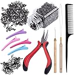 Duufin Hair Extensions Tools Kit 500 Pcs Dark Brown Micro Ring Beads 1 Micro Beads Plier 2 Hook Needle Pulling Loop 4 Plastic Alligator Hair Clips 1 Comb and 2 Bags Black Mini Rubber Hair Elastic