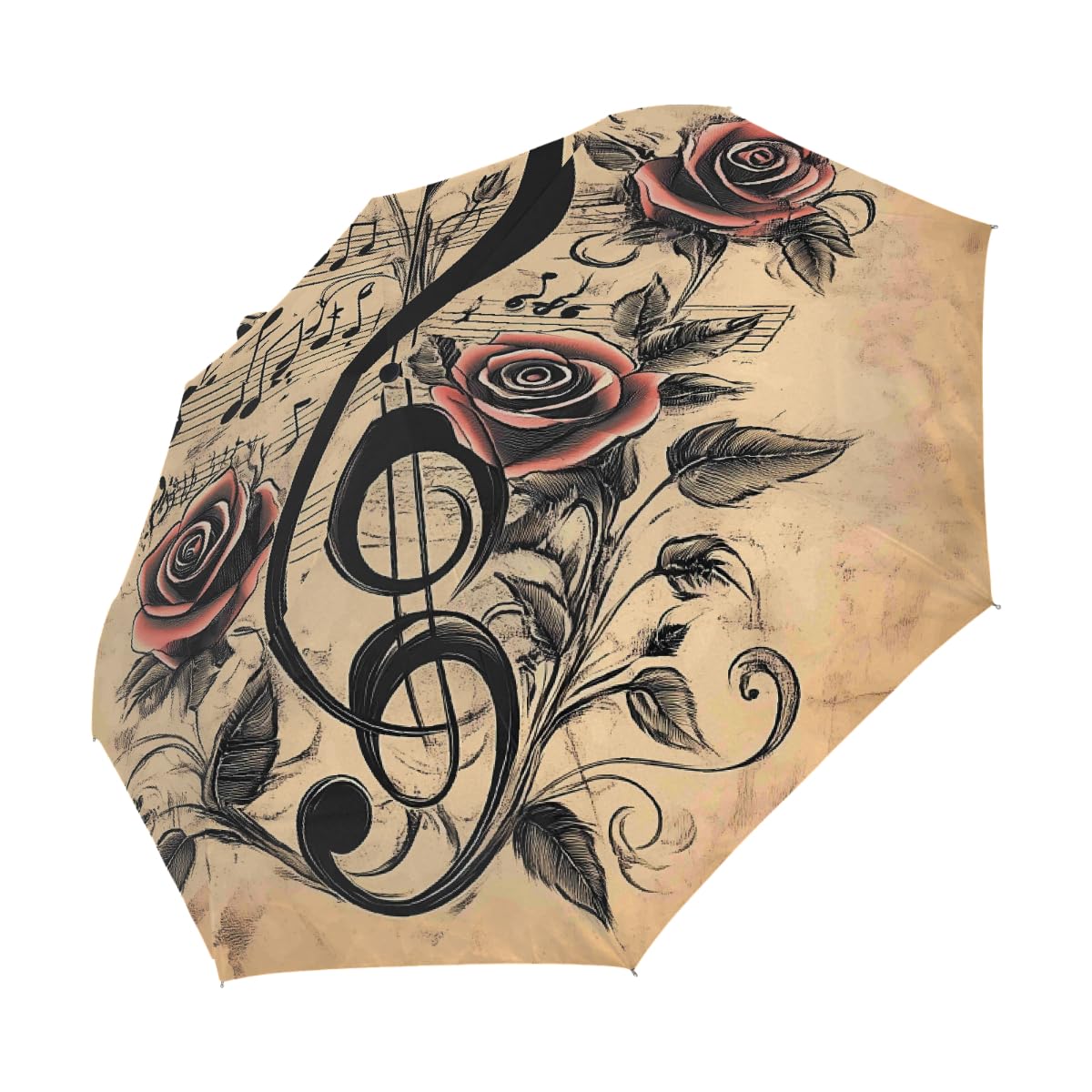 Ombrello pieghevole vintage con note musicali rosa ombrello da viaggio compatto antivento impermeabile con protezione UV rivestimento nero leggero 8 stecche portatile per pioggia sole