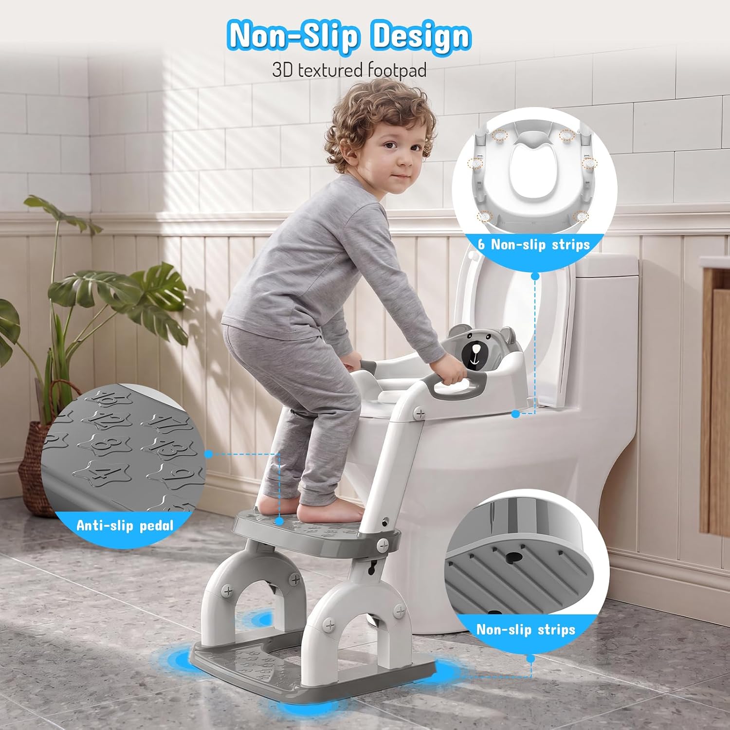 Toddler Potty Training Seat with Built‑In Step Ladder – 8‑Height Adjustable Fits Most Standard Toilets, Bear Design with Side Handles & Splash Guard for Boys Girls Ages 3+