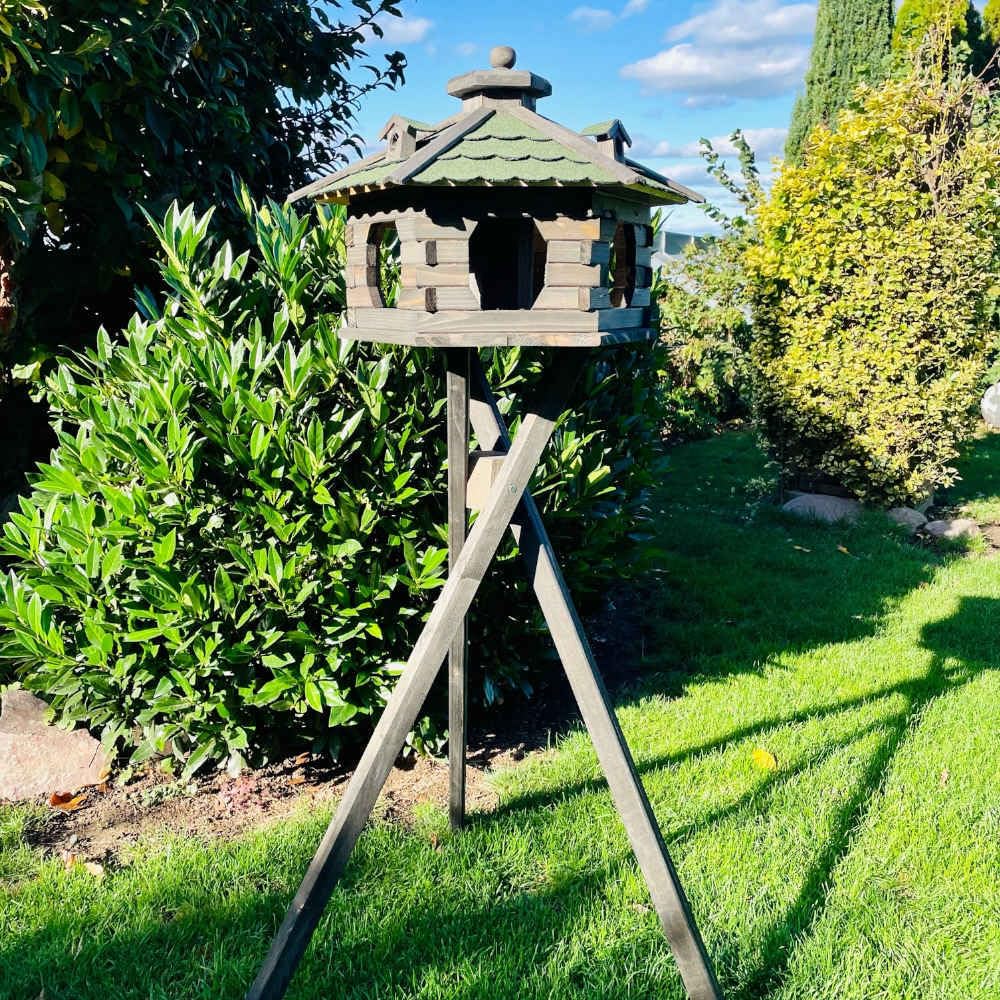 Vogelfutterhaus XL Sechseck Vogelhaus + Ständer Futterstelle Braun/Grün