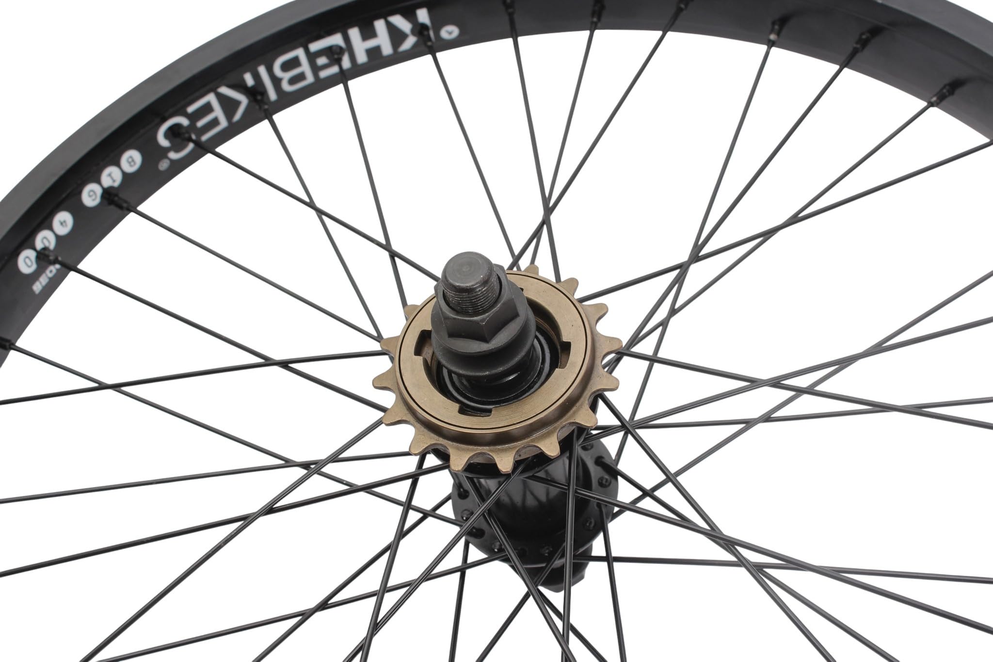 KHE Prism BMX tylne koło 20", czarne, oś 14 mm, zębatka 16T, 36H – 7005, aluminiowa felga 38 mm, rower biegowy BMX z tyłu