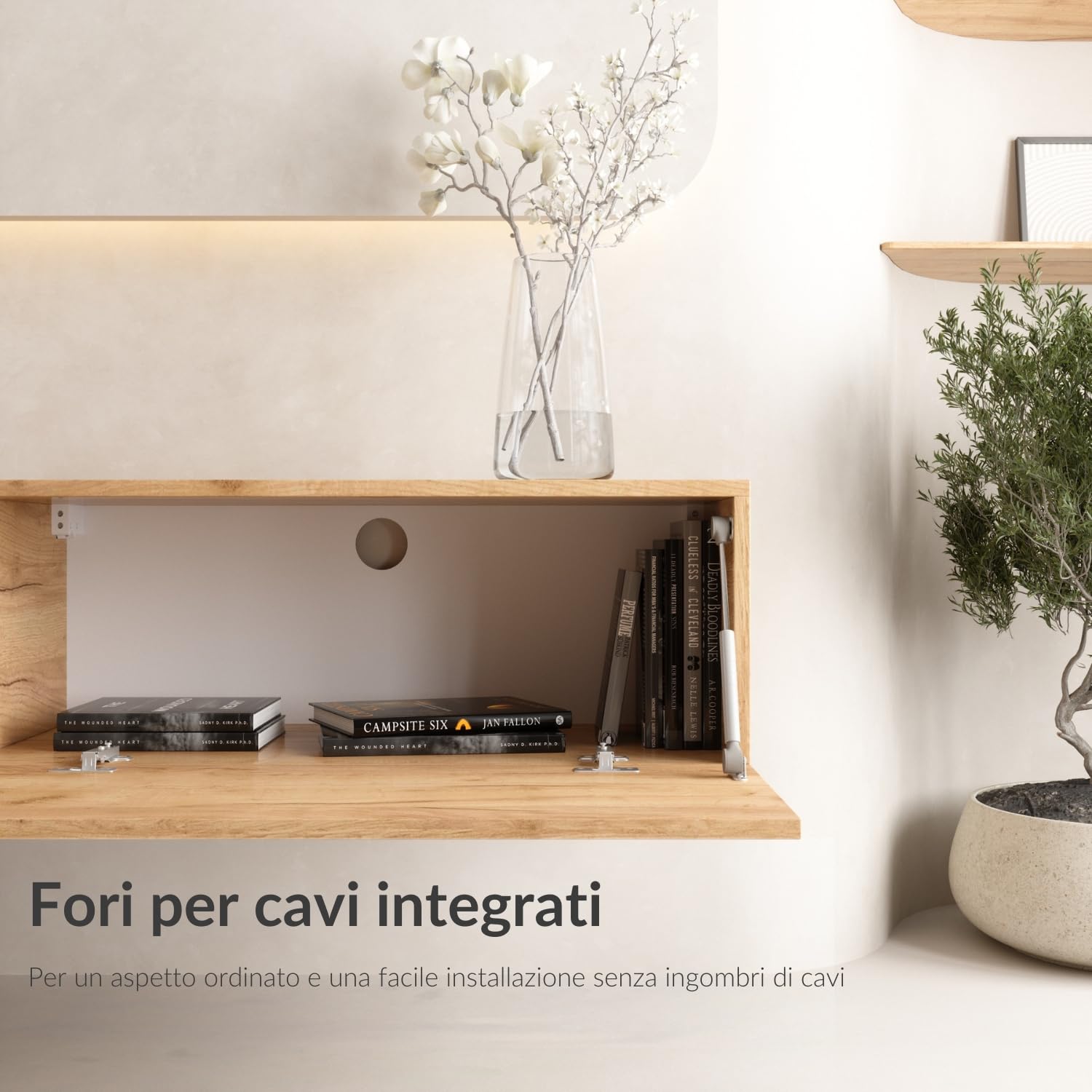 Planetmöbel Mobile TV West, porta TV lungo 280 cm, mobiletto TV sospeso o da appoggio, mobile TV per soggiorno, 2X mobile porta TV 37,8 x 140 x 30 cm, rovere dorato