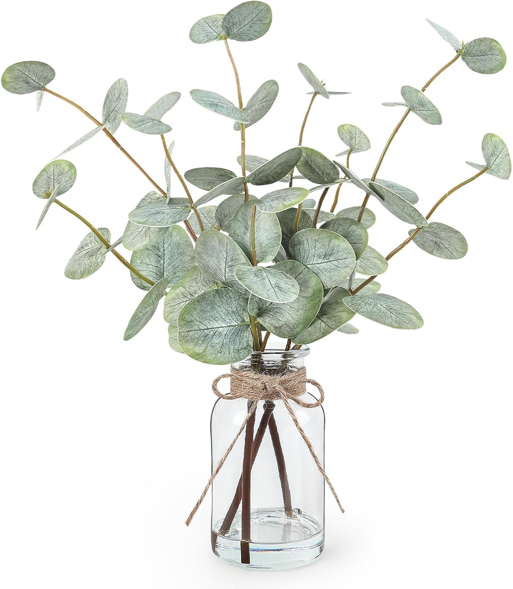 Bessol Artificial Eucalyptus Stems in Glass Vase with Faux Water, 13.5" Fake Plants for Home Decor, Coffee Table Centerpieces, Office, Bathroom & Farmhouse Weddings - Faux Greenery Plants Decorations