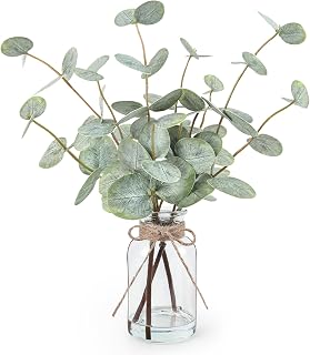 Bessol Artificial Eucalyptus Stems in Glass Vase with Faux Water - 13.5" Realistic Fake Greenery for Coffee Table, Bathroom, Office & Farmhouse Decor