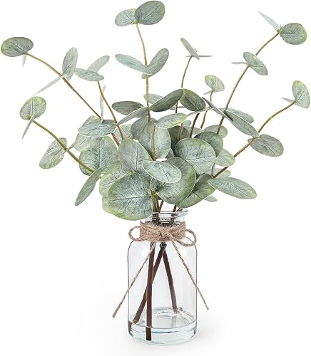 Bessol Artificial Eucalyptus Stems in Glass Vase with Faux Water, 13.5" Fake Plants for Home Decor, Coffee Table Centerpieces, Office, Bathroom & Farmhouse Weddings - Faux Greenery Plants Decorations