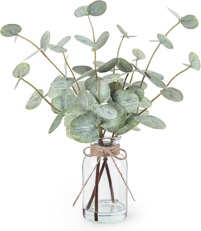 Faux Eucalyptus Stems in Glass Vase — $19
