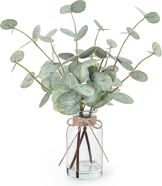 Artificial Eucalyptus Stems in Glass Vase with Faux Water, 13.5” Fake Plants for Home Decor, Coffee Table Centerpieces, Office, Bathroom & Farmhouse Weddings - Faux Greenery Plants Decorations