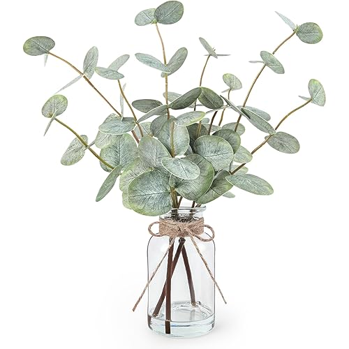 Artificial Eucalyptus Stems in Glass Vase with Faux Water, 13.5” Fake Plants for Home Decor, Coffee Table Centerpieces, Office, Bathroom & Farmhouse Weddings - Faux Greenery Plants Decorations