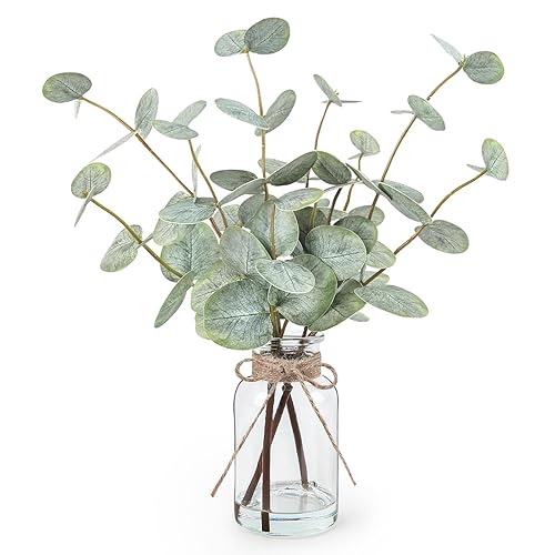 Artificial Eucalyptus Stems in Glass Vase with Faux Water, 13.5"