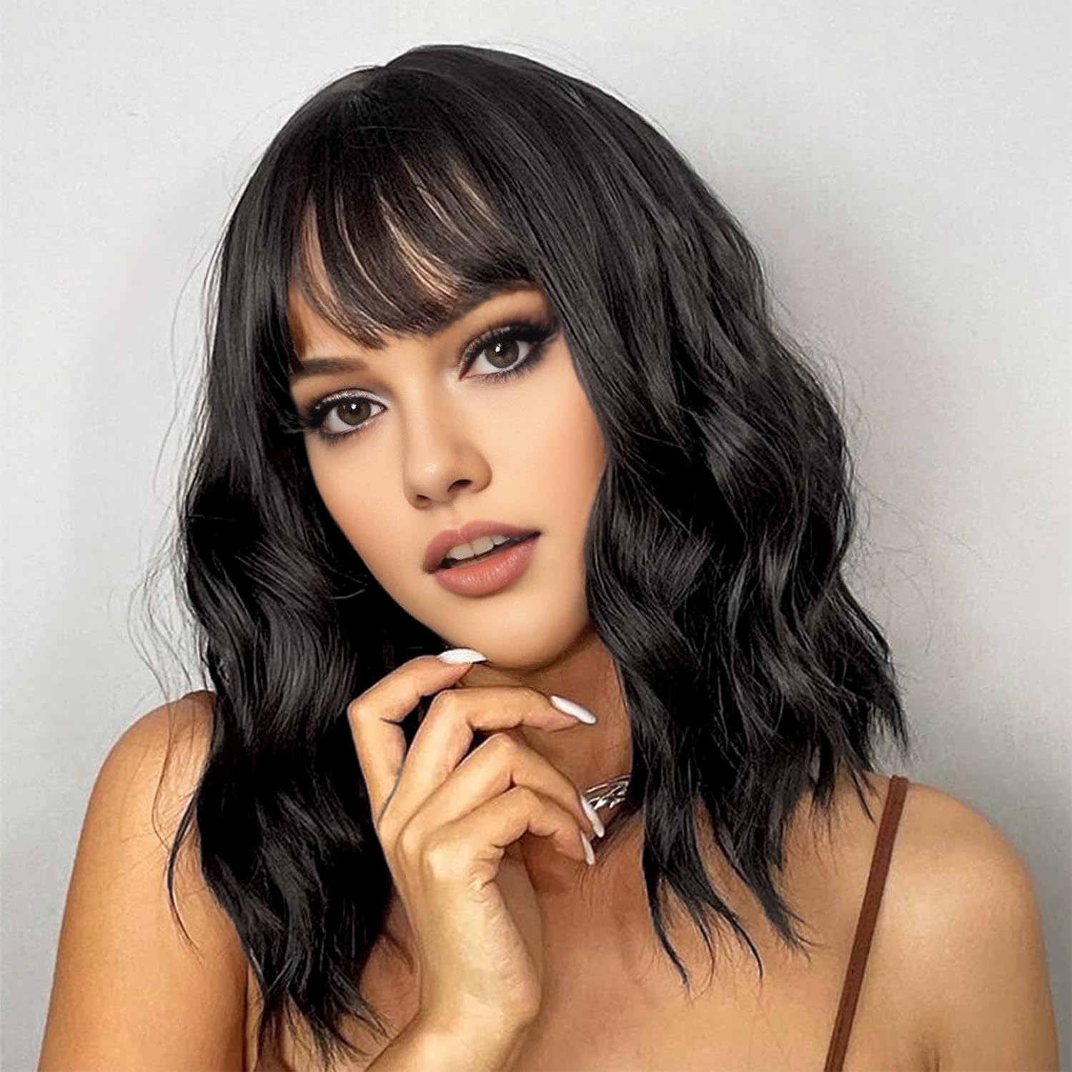 AGO Natural Black Wigs with Bangs Short Bob Wig Shoulder Length Synthetic Hair for Women Girl Loose Wavy Wig Heat Resistant Fiber Hair for Daily Party Halloween Cosplay Use(2/4#Black) AGO Natural Black Wigs with Bangs Short Bob Wig Shoulder Length Synthetic Hair for Women Girl Loose Wavy Wig Heat Resistant Fiber Hair for Daily Party Halloween Cosplay Use(2/4#Black)