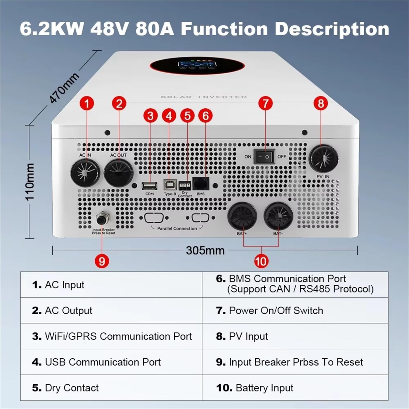 Power inverter Inverter Solare Ibrido Da 4,2 KW 6,2 KW 24V 48V 220V Inverter A Onda Sinusoidale Pura Su Rete Con Regolatori Di Carica Fotovoltaici MPPT(No WiFi,6.2KW 48V MPPT 80A)