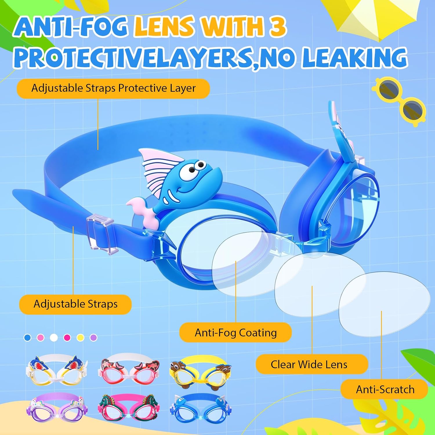 Relaxweex 36 Sets Swim Goggles Gifts Bulk with Thank You Card Anti Fog Goggle for Summer Pool Party End of Year Outdoor Beach