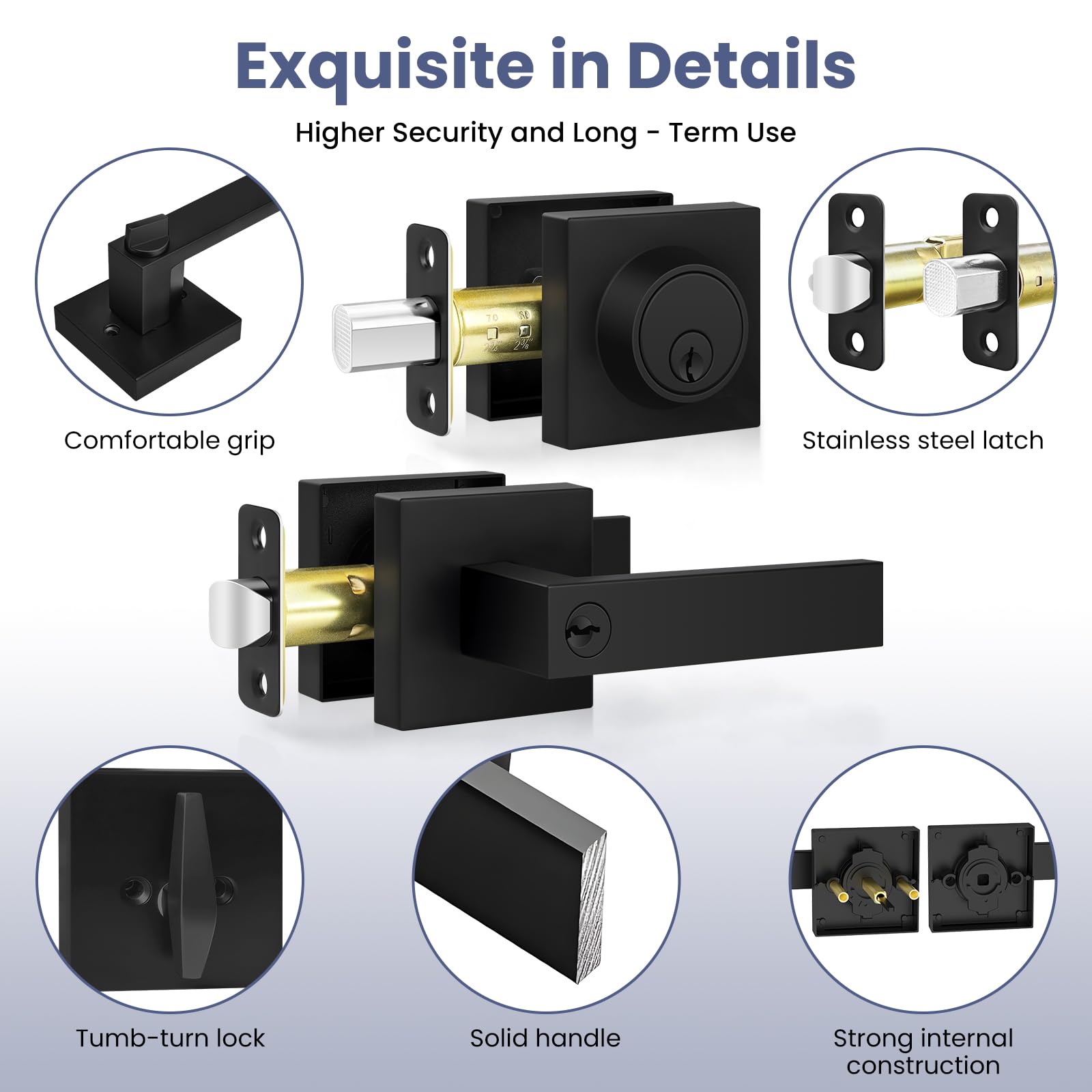 Estmoon Door Locks for Front Door, Matte Black Exterior Door Handle and Single Cylinder Deadbolt Lock, Heavy Duty Modern Square Front Door Handle and Deadbolt Set, Commercial Locks for Doors, 1 Pack — Amazon image 4