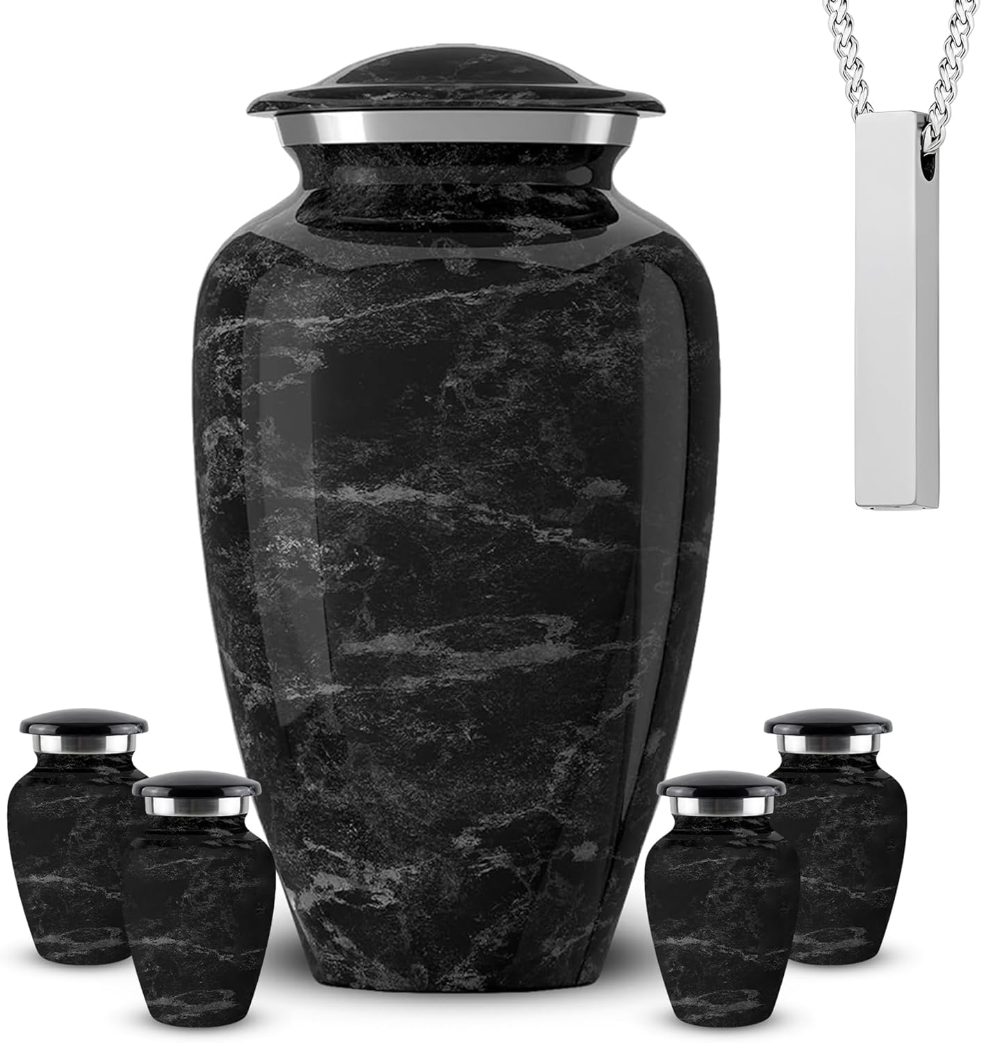 Set of 6 Cremation Urns for Human Ashes Includes 1 Large Urn with 4 Small Keepsakes & 1 Silver Necklace - Black Marble